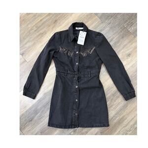 Zara Denim Shirt Dress Black Fringe Western Button Front NWT Size S